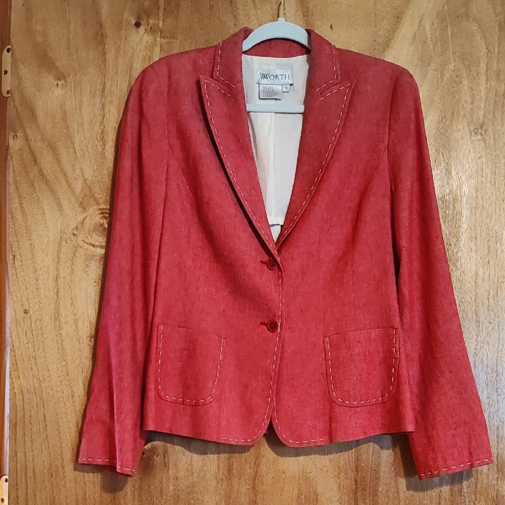 Worth Womens 2-Button Blazer Red Linen Blend White Stitching Pockets Career 10
